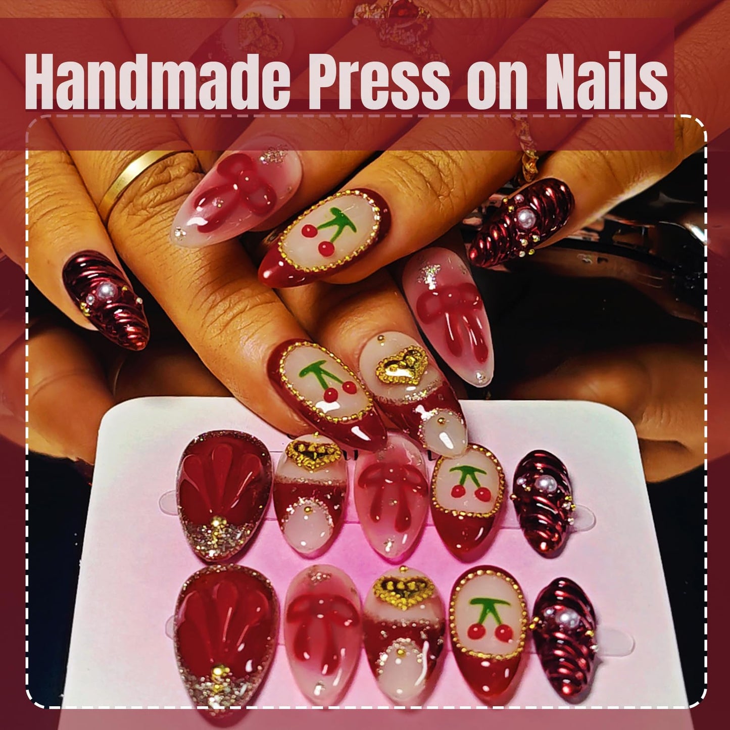 Handmade Acrylic Press On Nails Almond, Red Press On Nails Medium, Ombre Blush 3D Nails Red Chrome Cherry Bow Heart For Women Gift, Reusable Stick On Fake Nails Kit With Nail Glue(Crimson Cutie-M)