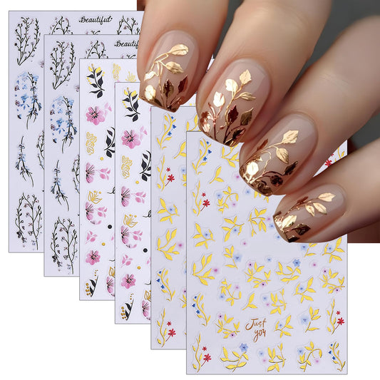 Spring Summer Japanese Floral Nail Art Stickers Golden Leaves Nail Art Supplies Pink Flowers Nail Art Accessories for Women Girls Manicure Decorations 6 Sheets