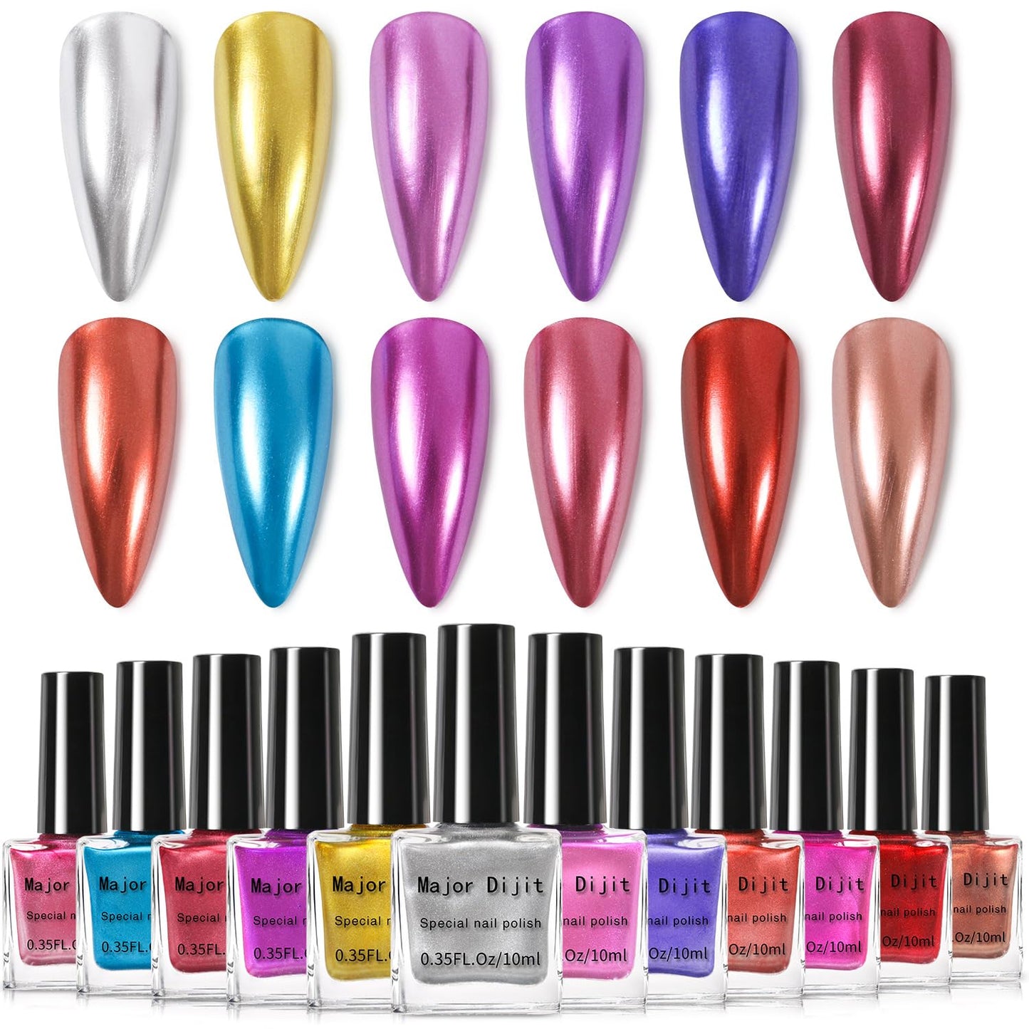 DouborQ Metallic Nail Polish Set, 12 Colors Mirror Chrome Glitter Nail Polish 0.35 FL.oz/10ml Holographic Gold Silver Pink Red Purple Manicure
