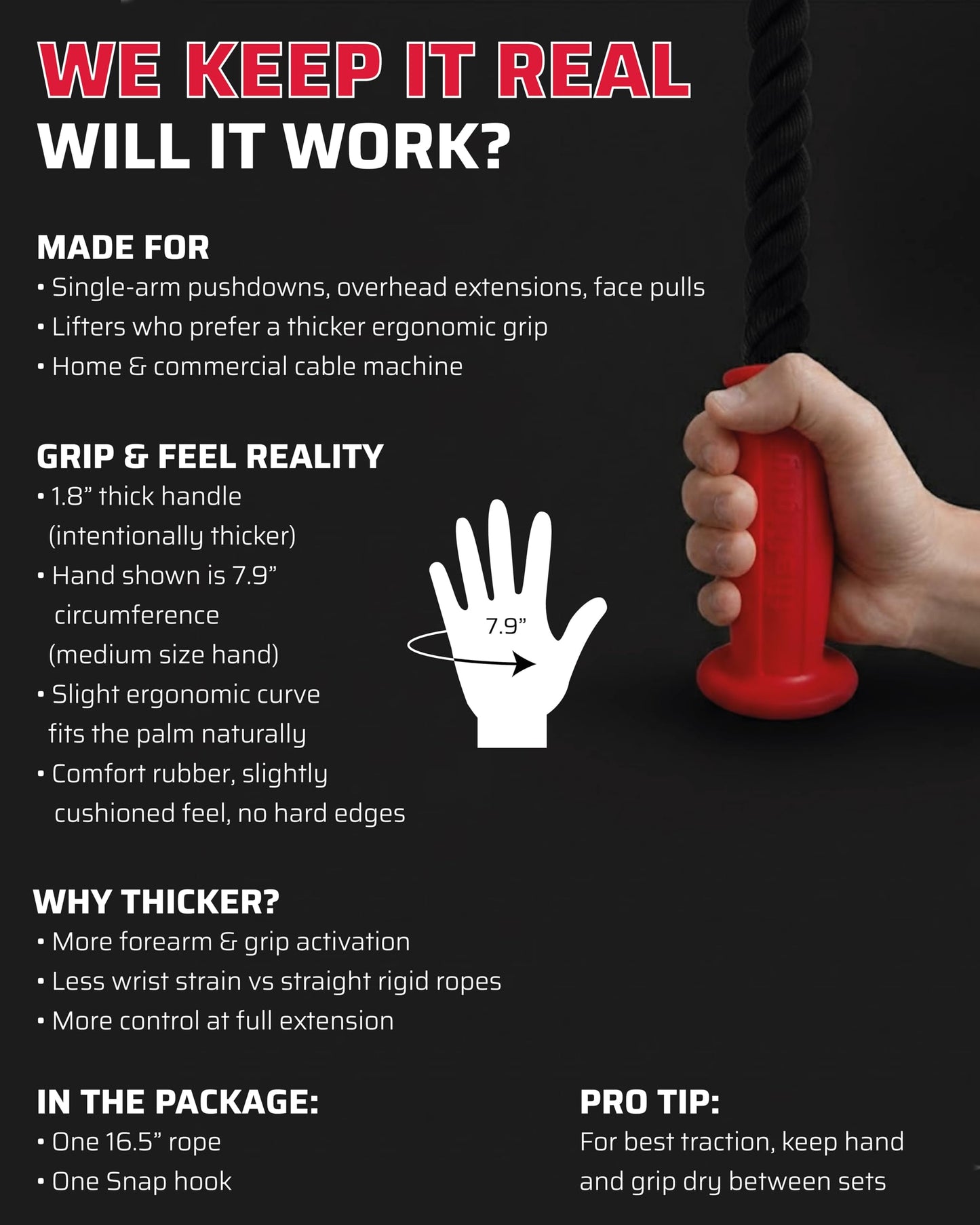 THEFITGUY Ergonomic Grip Single Tricep Rope Cable Attachment, 16.5” Length, Comfort Nonslip, Reducing Wrist Pressure & Rubs, Easy to Clean, Gym Pull Machine Accessory for Cable Machines and Smart Gyms