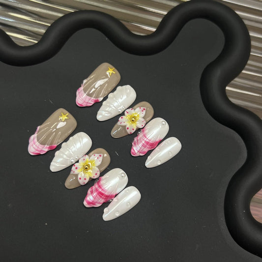Thick Press on Nails Luxury Handmade Medium Almond False Nails with Glue,White Glitter Fake Nails Tropical Flower Art Design Reusable Press ons Nail Muti-Layer Gel Acrylic Nails for Women(Size S)