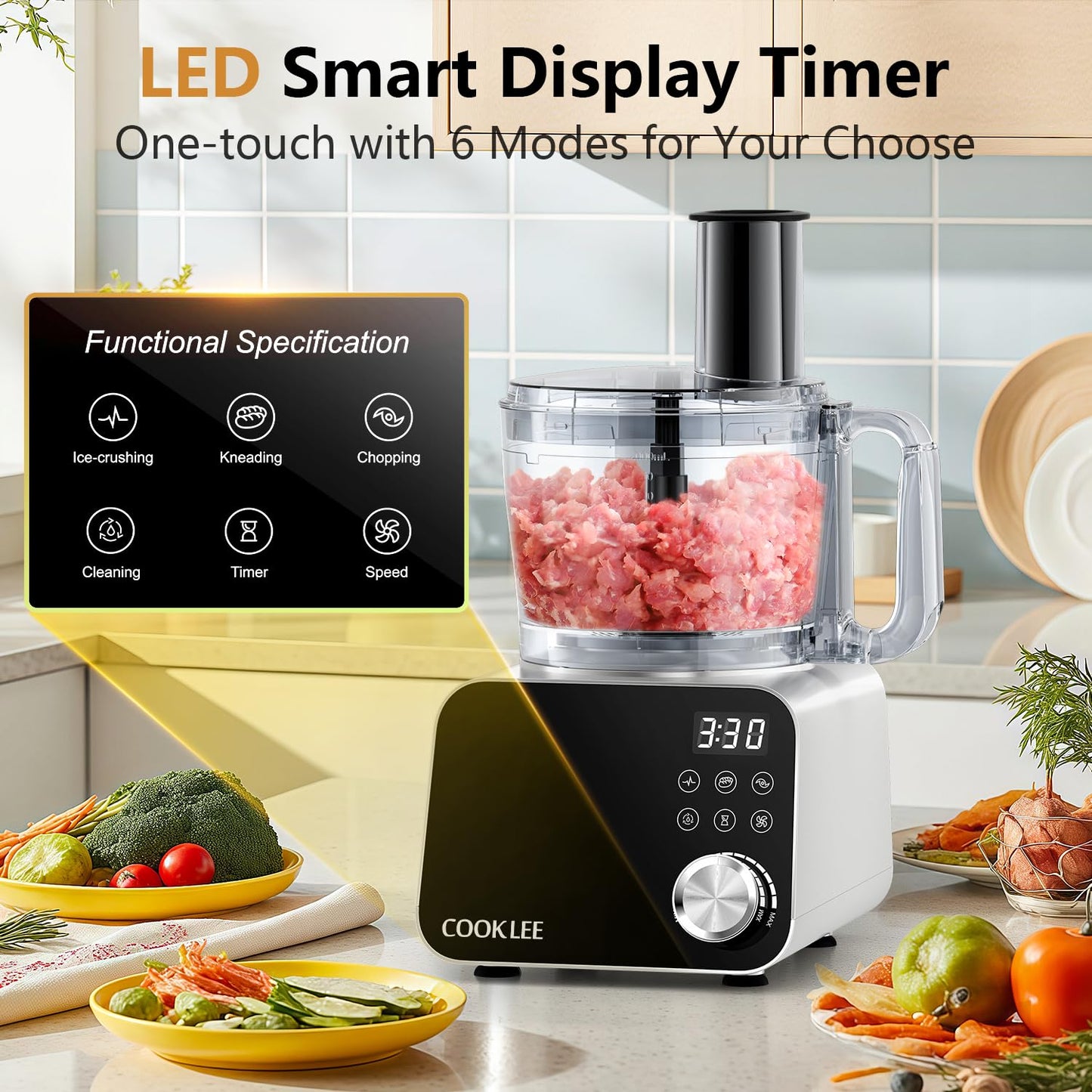 COOKLEE Food Processor, 600 Watts, 6 Functions Electric Food Chopper for Chopping, Mincing, Dicing, Shredding, Slicing, Purees & Dough with 12cup Processor Bowl, Food Chute & Pusher, Silver