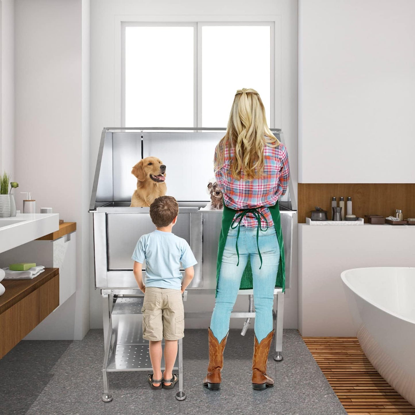 50" Pet Grooming Bathing Station, Professional Stainless Steel Tub W/Removable Ramp, Storage Drawer, Floor Grate, Stairs Faucet for Large, Medium & Small Dogs, Left Door