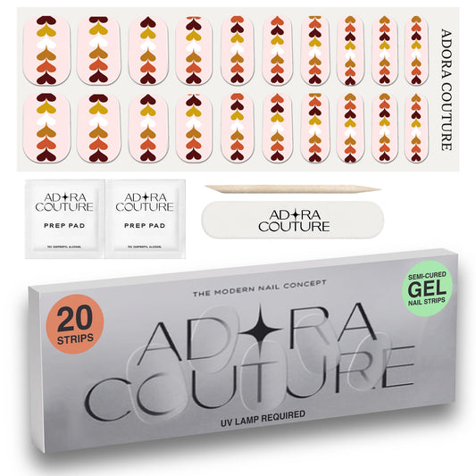 Adora Couture Semi Cured Gel Nail Strips with 20 Pieces, Salon Quality Wraps for Women, Beautiful Earthy Tones with Accent Hearts UV Gel Stickers, UV Light Required, Harvest Hearts