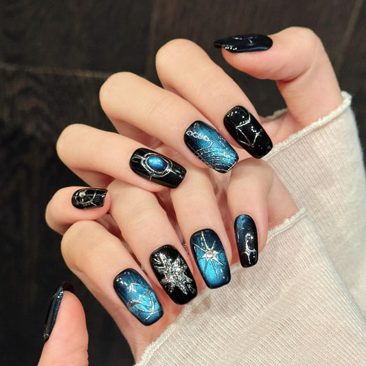 Yacey Blue Galaxy Handmade Press on Nails, Medium Square Reusable False Nails Press Ons, Luxury Hand-Painted Cat Eyes Thick Acrylic Fake Nails, 3D Bling Glue on Nails for Women Girls (10 Pcs, S)