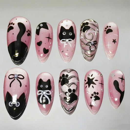 24Pcs Pink Press on Nails Medium Almond Cute Cat Fake Nails with Black Cat Bow Pearl Design Glossy Full Cover Acrylic Glue on Nail Silver Heart False Nails Artificial Reusable Stick on Nail for Women