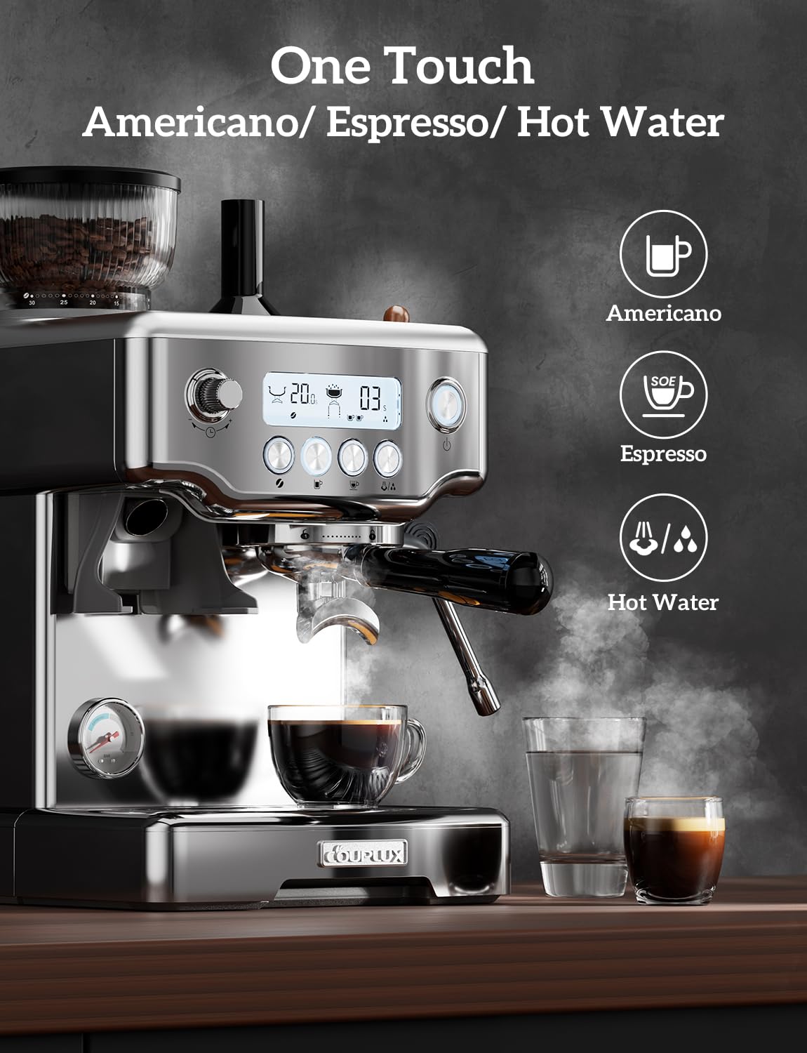 COUPLUX Espresso Machine, 4-IN-1 Professional 58MM Espresso Machine with Grinder 5 Temp Adjust & Compact Espresso Maker 15 Bar with Powerful Milk Frother, One-Touch Americano/Espresso, Stainless Steel