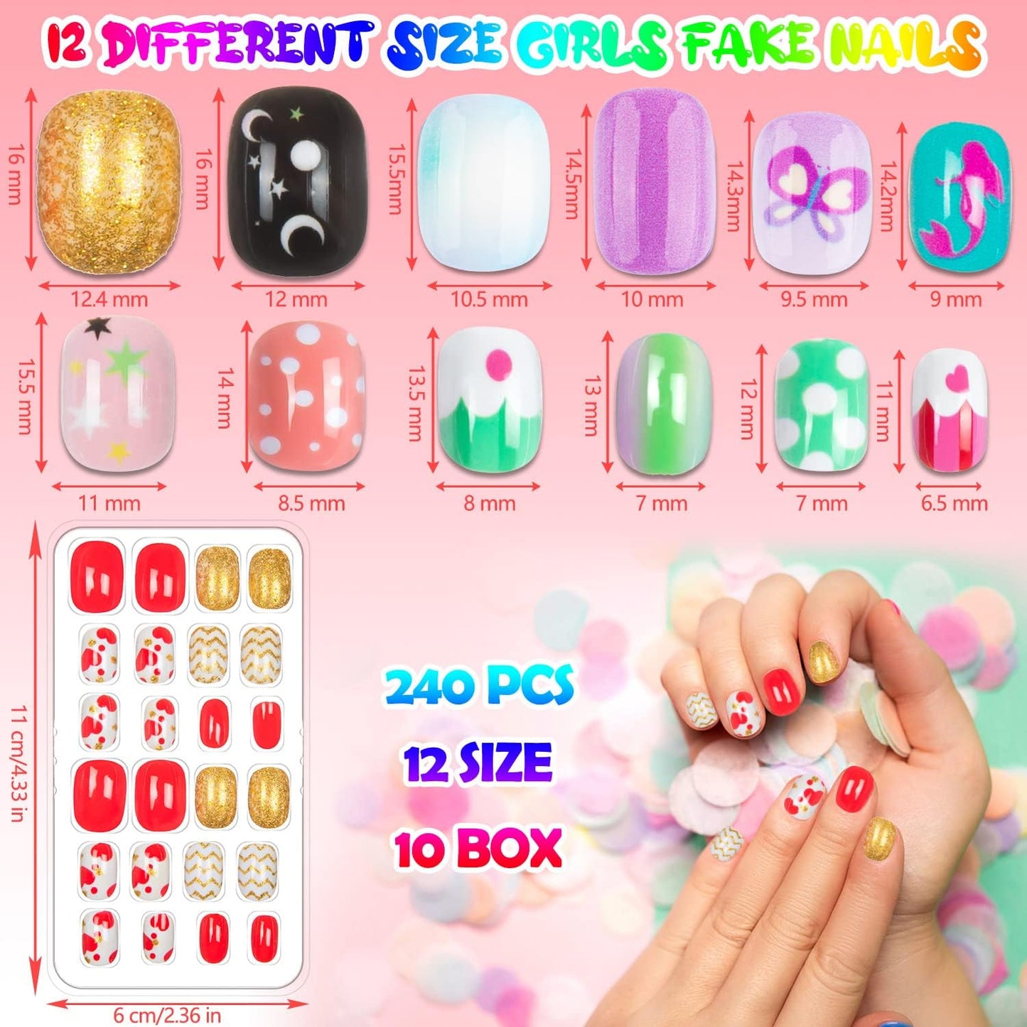 240 Pieces Fake Nails for Kids Girls Artificial Kids Press on Nails Full Cover Short Acrylic Stick On Nails False Nail Tips Kit for Children Little Girls Nail Art Decoration (Gradient Pattern) (Chic)