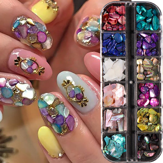 12 Grids Iridescent Aurora Seashell Sequins Nails Art Decoration Abalone Fragments Nails Supplies Holographic Colorful Seashell Nail Glitter Acrylic Jewelry Studs Nail Art Flakes for Women Manicure