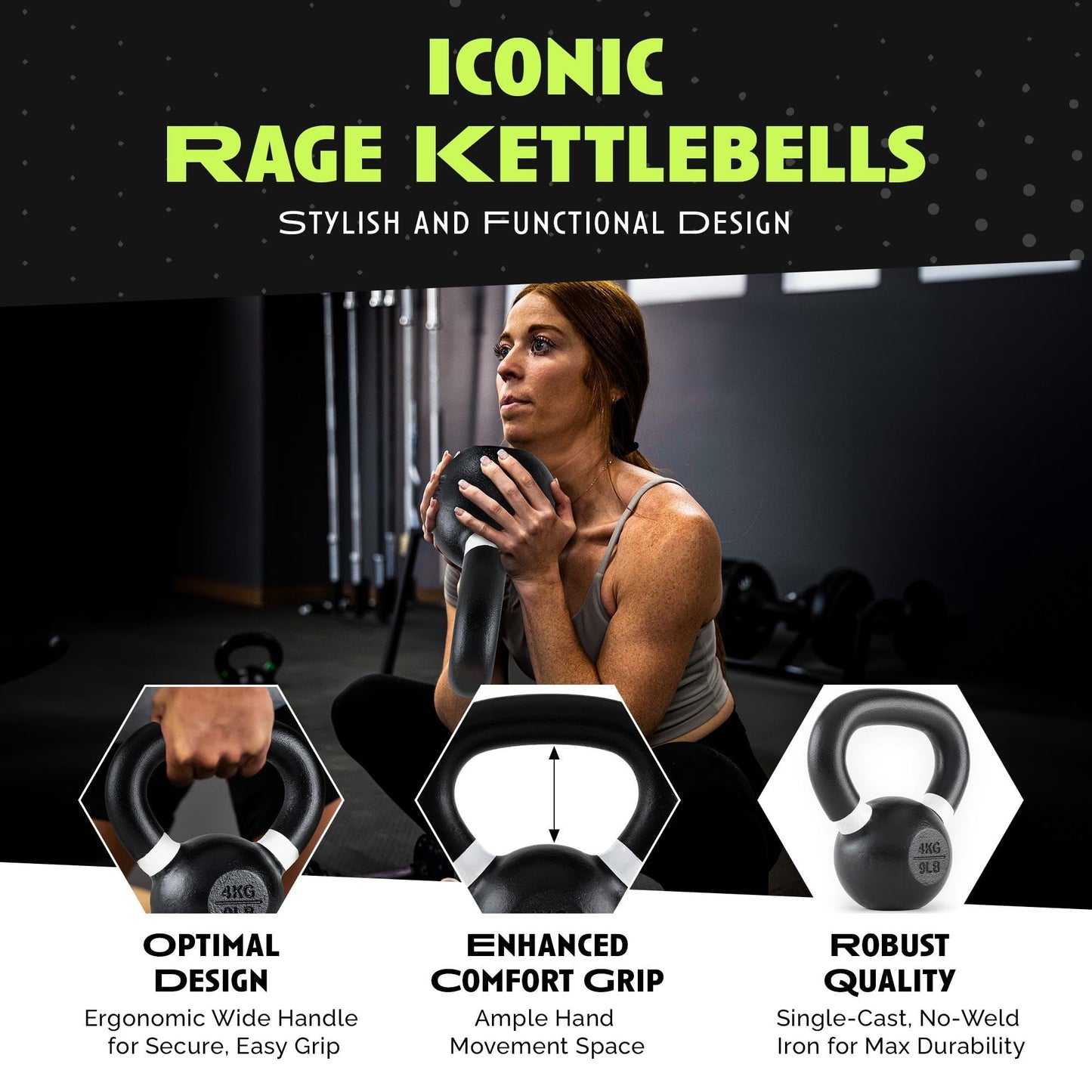 Rage Fitness 6 KG (13lbs) Kettlebells, Single-cast Iron, No-welded Joints, Wide Handle, Strength Training Kettlebells, Cast Iron Kettlebell Set, Powder Coated Kettlebell Weights For Men & Women