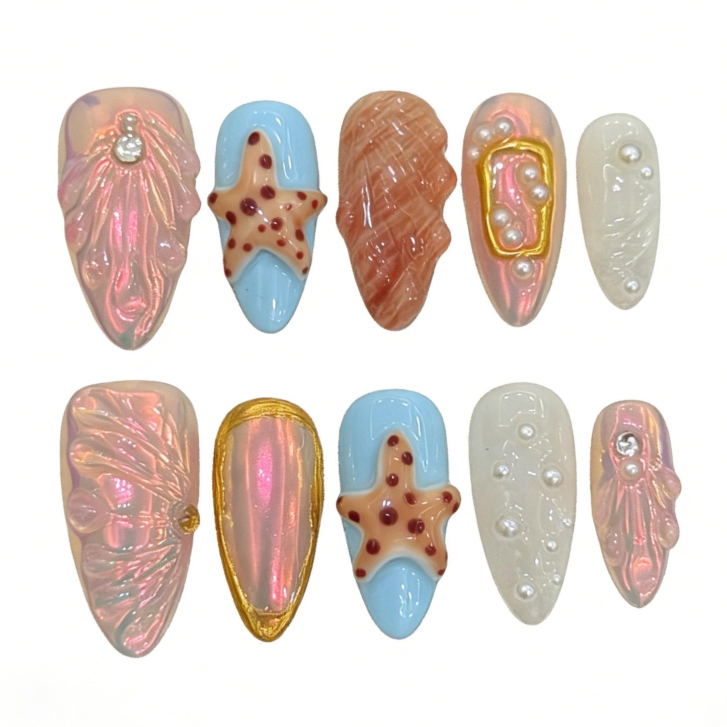 Handmade Press On Nails-3D Almond Cute Ummer Island Style ，Wedding Prom And Festival Traving Gift ，Thick Acrylic and Muti-Layer Gel Reusable False Nails (L)