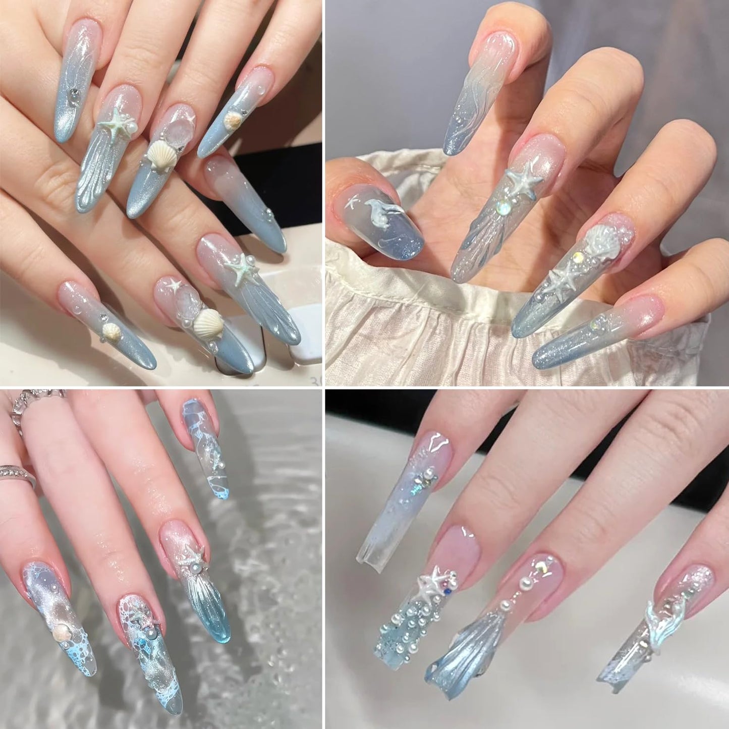 3D Summer Beach Resin Nail Charms, Aurora Shell Starfish Conch Fishtail Nail Decorations with Flatback Pearls and Rhinestones Gems for Nail Art DIY Crafts Manicure Jewel Accessories