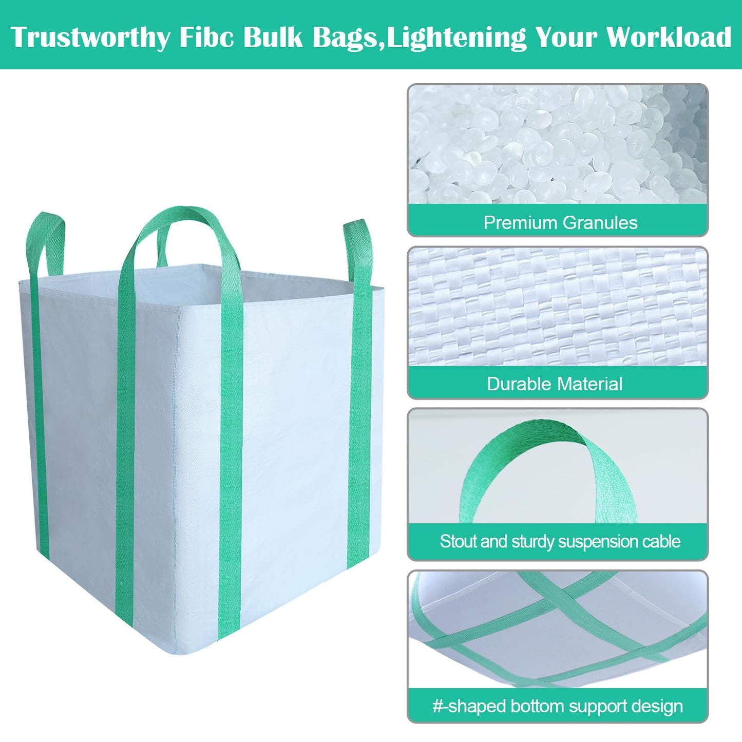 2 Pack FIBC Bulk Bag,2 Ton Bag,35"L x 35"W x 43"H, 4400 lbs SWL,Duffle Top Flat Bottom,Four Loop Fibc Big Bags,Heavy Duty Bulk Bags for Industry Agriculture Construction