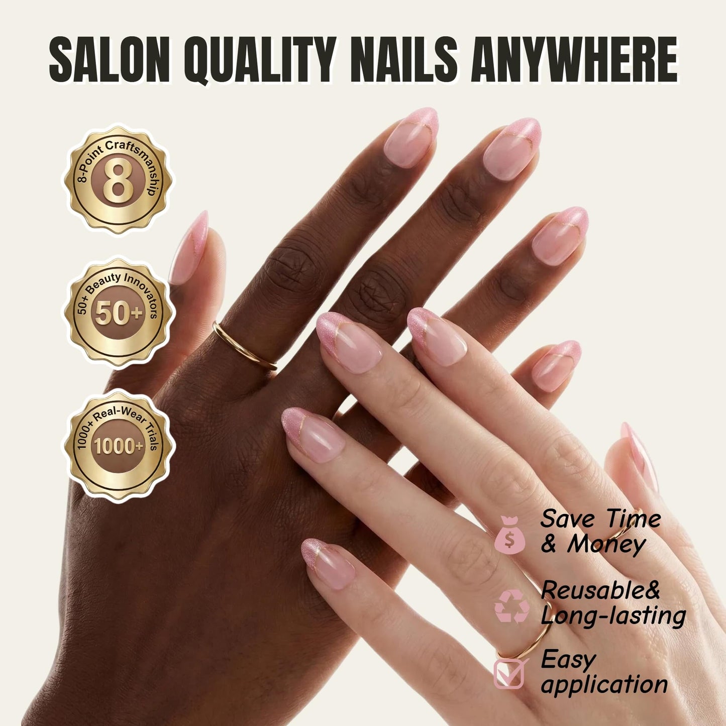 Taoyisent 24PCS Pink Cat Eye French Tip Press on Nails, Short Almond Glitter Fake Nails with Gold Line Design, Glossy Nude Full Cover Acrylic Nails Reusable Stick on Nails for Women