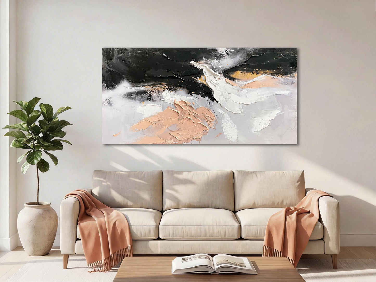 Ardemy Textured Abstract Canvas Wall Art - Black White Gold Beige Brush Strokes Painting Extra Large 58"x29", Modern Splatter Artwork for Living Room Bedroom Home Office Luxury Wall Decor
