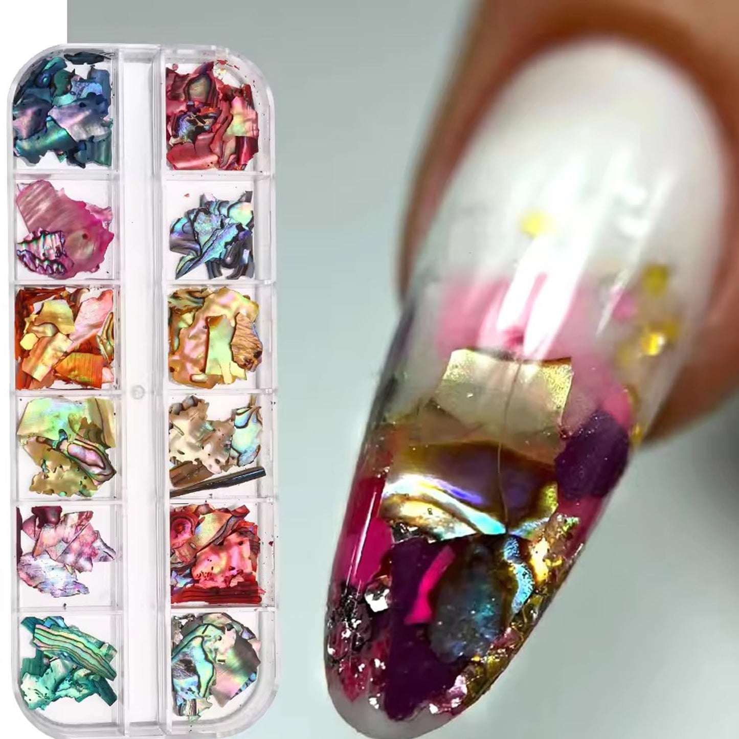 12Grids Nail Art Aurora Abalone Shell Flakes, Shiny Irregular Sea Shell 3D Charms Summer Slices Holographic Nail Art Sequins Natural Sea Shells Nail Glitters Manicure Paillette Tip Decor Accessories