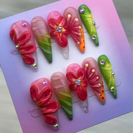100% Handmade Press on Nails Long Stiletto Fake Nails Red 5D Flower Glue on Nails Ombre Green False Nails with Rhinestones Water Ripple Handmade Nail for Women Girls Daily Wear Manicure 10pcs Size L