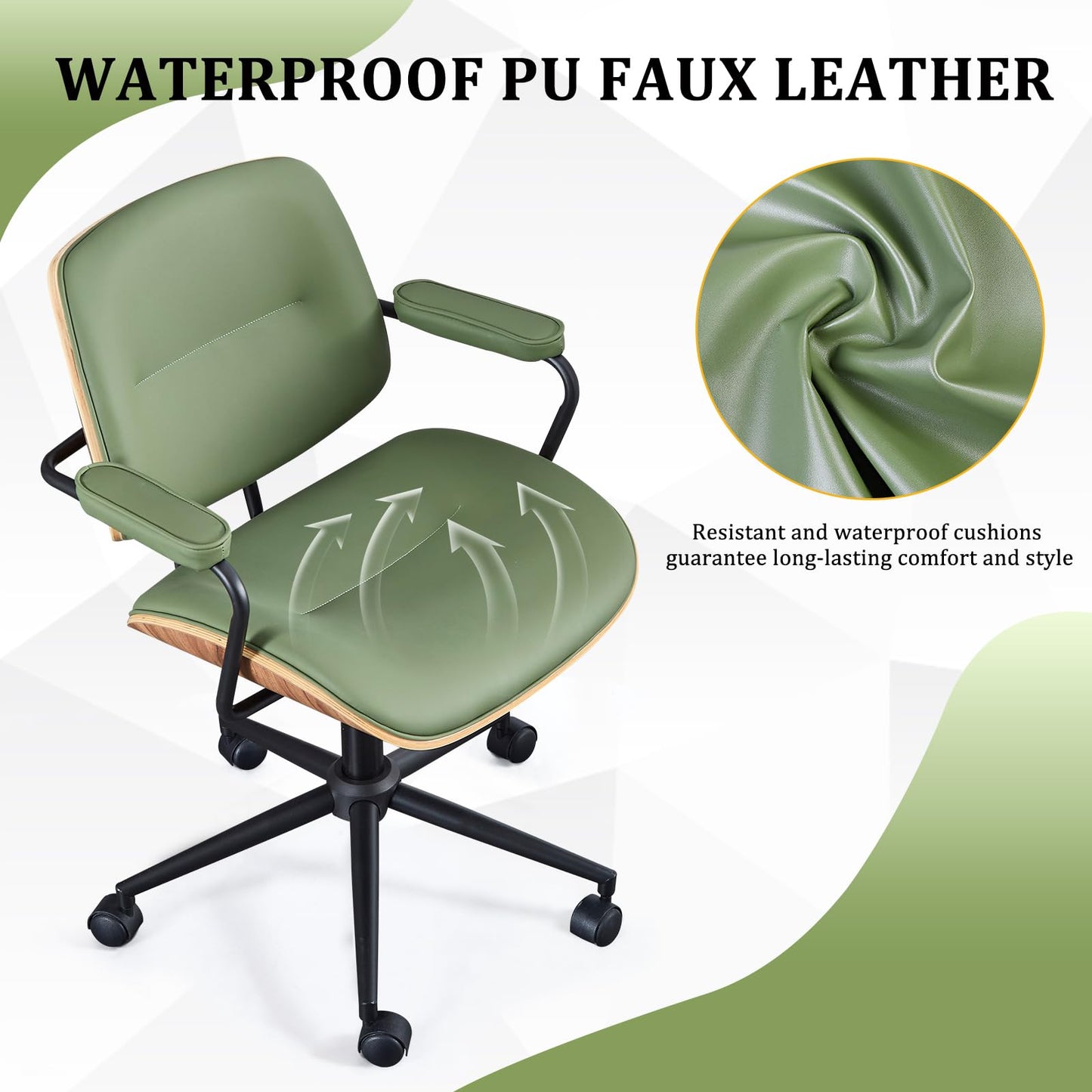 BV Mid Century Modern Office Chair Set of 1, Swivel Rolling Deak Chair with Armrests and Walnut Back, Adjustable Desk Chair for Home Office, Green
