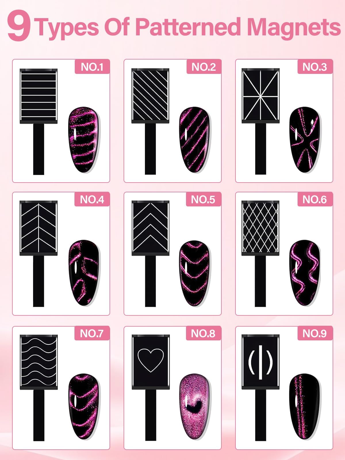 EBANKU Cat Eye Magnetic for Nails, 17PCS Cat Eye Gel Nail Polish Magnet Tools Powerful Set Wand Magnet for Nail Polish Square Round Y Shaped Heart Magnet Stick Diverse Glassy Cateye Effect