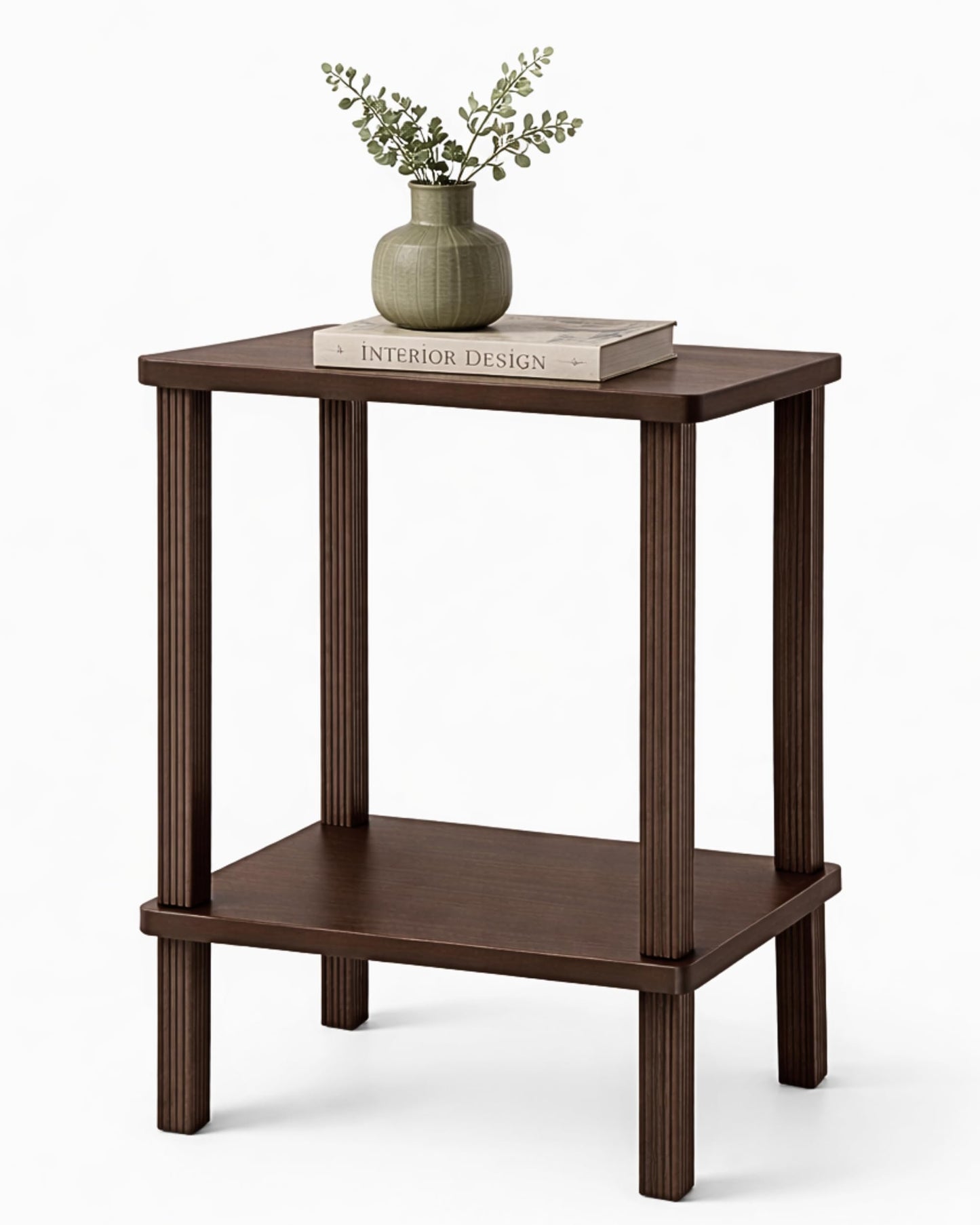 Retrograde Nightstand Side Table with Fluted Legs and Real Wood, for Night Stand, End Tables Living Room, Plant Stand Indoor, Nursery, Narrow Furniture, 2-Tiers, Easy Assembly, Dark Brown
