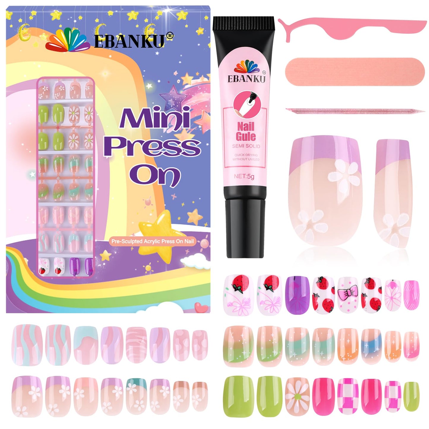 EBANKU 130 Pcs Press on Nail Kids, 5 Pack French Flower Kid Flase Nails Kit with Nail Glue Set Fake Nail for Girls 5-10 Years Christmas Gift Set