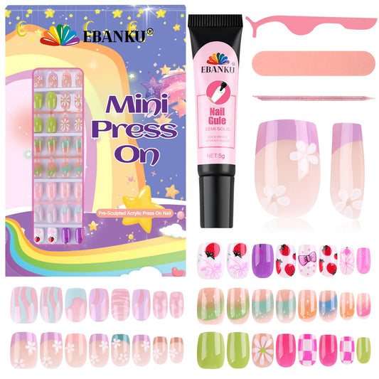EBANKU 130 Pcs Press on Nail Kids, 5 Pack French Flower Kid Flase Nails Kit with Nail Glue Set Fake Nail for Girls 5-10 Years Christmas Gift Set