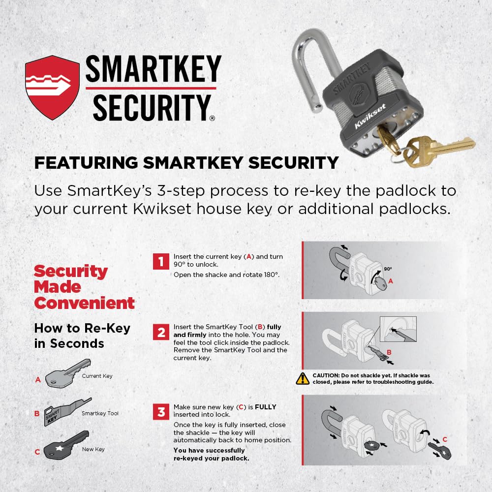 Kwikset SmartKey Re-Keyable Hidden Shackle Padlock, Hardened Steel, High Security Van and Gate Lock, 2-7/8 in Body, 1 Pack, Silver