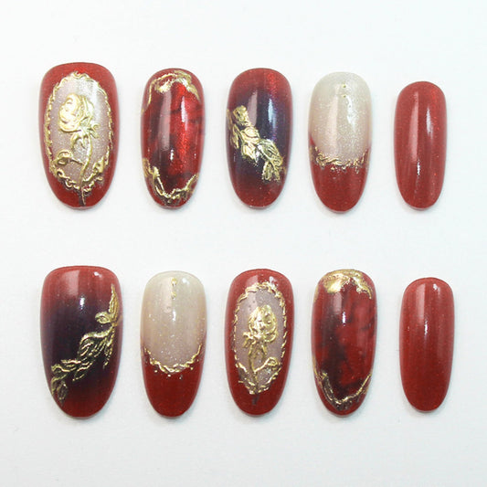Medium Press on Nails Almond Fake Nails Red Artificial Nail Gold Charm Designs Flowers Stick on Nail for Women 30pcs