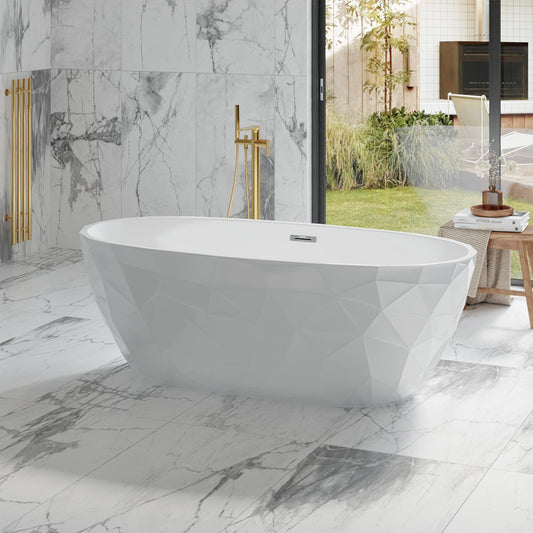 Freestanding Bathtub 59", Diamond Shape Acrylic Tub with Chrome Overflow & Pop-Up Drain, Modern White Soaking Tub for Bathroom