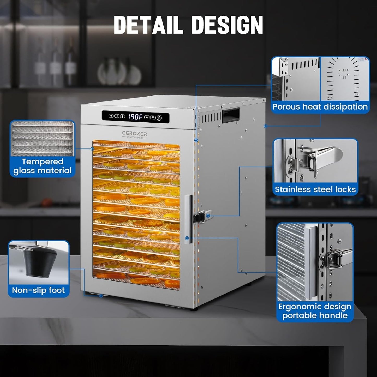 Cercker Commercial Food-Dehydrator Machine 14 Trays, 1200W Fruit Dehydrator,11.98ft² Meat Dryer for Jerky,190ºF Temperature Control,24H Large Food Dryer for Beef