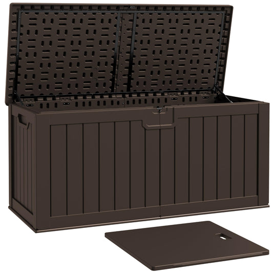 Patiowell 240 Gallon Large Outdoor Storage Box, Waterproof Deck Box with Fixed Divider, Lockable and Durable Patio Storage Solution for Patio Furniture and Garden Tools (Brown)