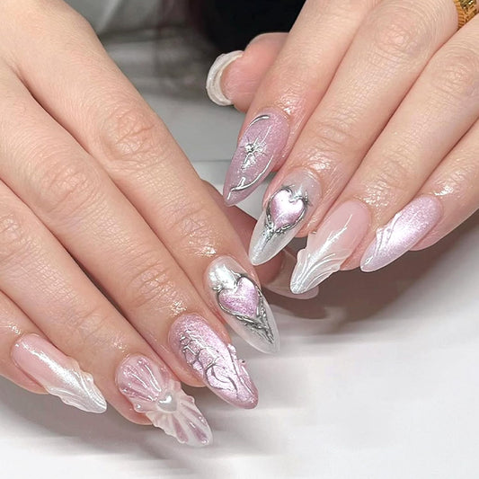 30Pcs Valentine Press on Nails Medium Almond Fake Nails with 3D Rhinestone Design Heart Star False Nails Silver Irregular Line Glue on Nail Pink Glitter Full Cover Chrome Silver Acrylic Nail for Women