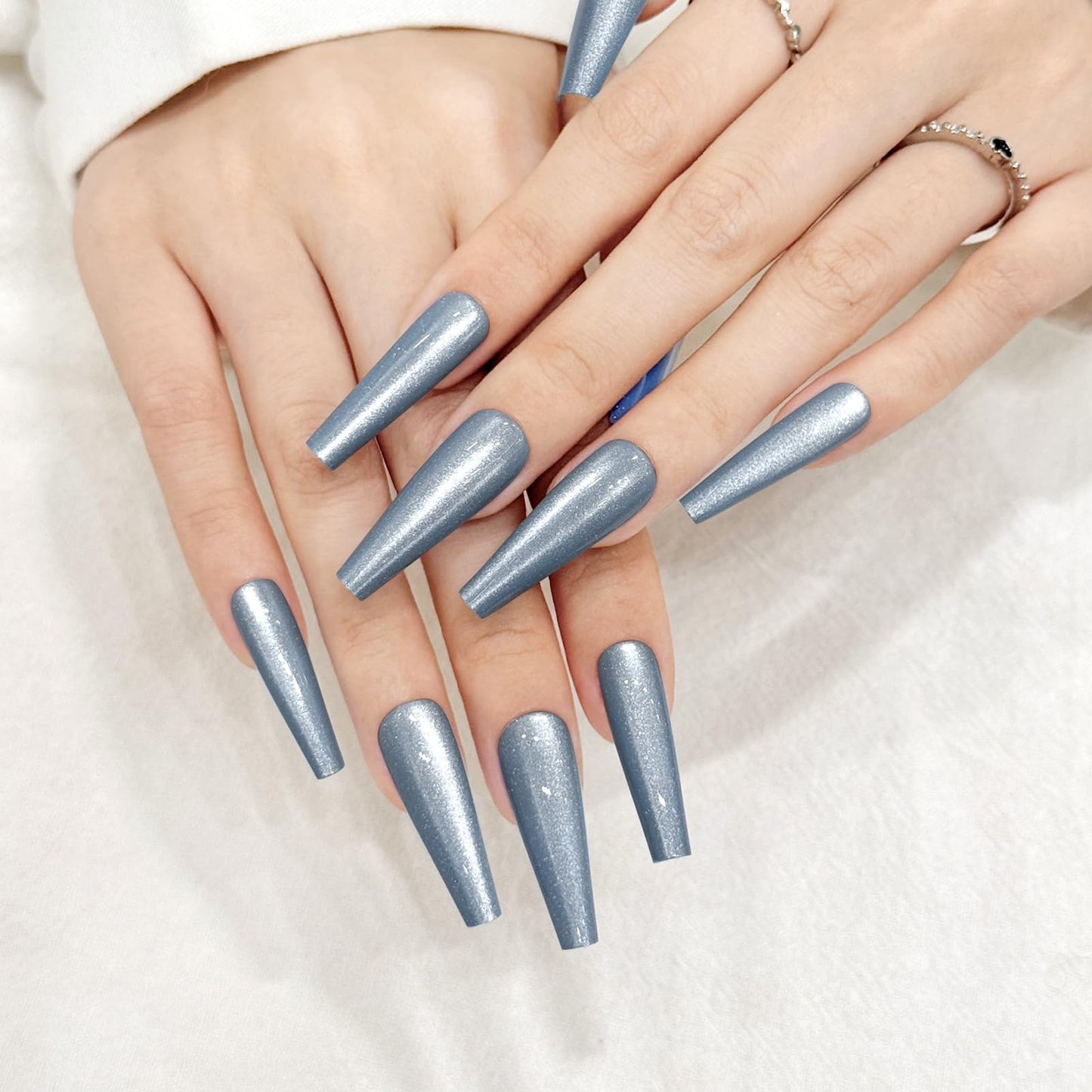Light Blue Cat Eyes Press On Nails,12 Sizes - 24 Pcs Soft Gel Blue Long Coffin Fake Nails Kit with Nail Glue, Natural Reusable Stick On False Nails for Women and Girls SK1055