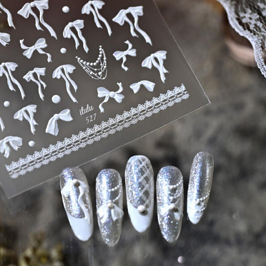 Bow Nail Stickers 5D Embossed White Bowknot Nail Art Stickers 3D Self-Adhesive Laser Ribbon Nails Supplies White Bead Necklace Nail Decals Stickers Cute Nail Designs for Women DIY Manicure 1 Sheet