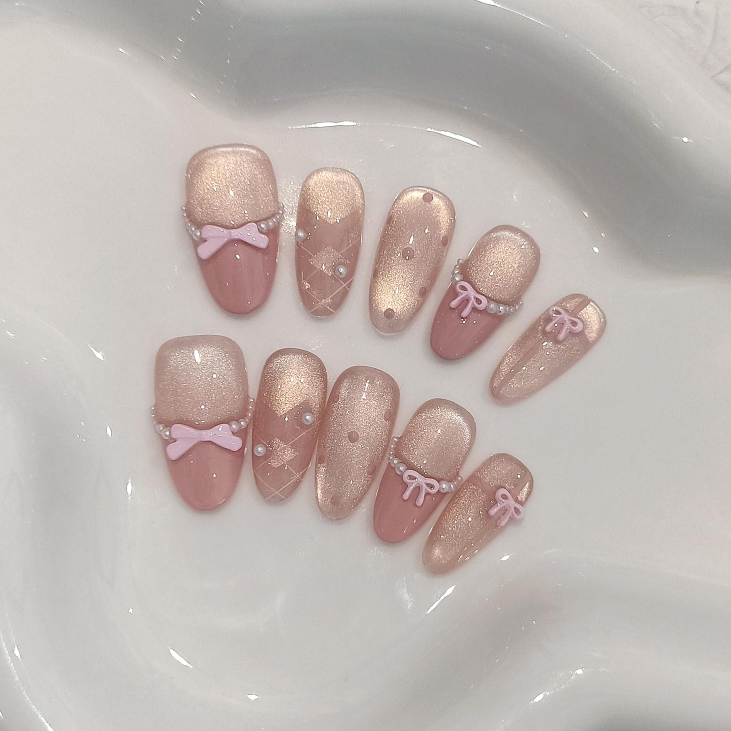 TENPAL Cute Sweet Handmade Press on Nails Almond,Ballet Butterfly Cat Eye Nude Pink Ombre French Tips Fake Nails with Tools, Reusable Spring Polka Dot Bow Pearl False Nails for Women 10pcs(M)