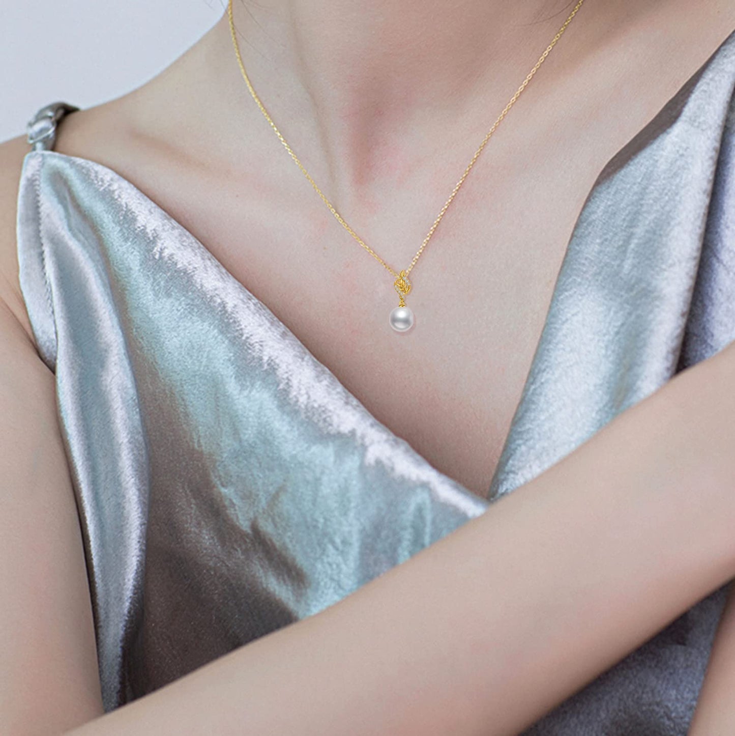 10k Gold Diamond Pearl Necklace and Dangle Earrings for Women, 10kt Gold Jewelry Set for Her