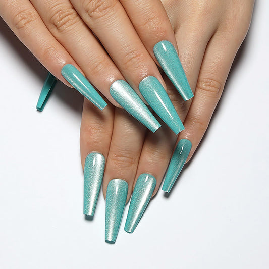 Handmade Press on Nails - Cyan Long Fake Nails | Velvet Effect Design False Nails | Glossy,Glitter,Gradient Color,Reusable Acrylic Nails | 12 Sizes - 24 Nail Kit with Jelly Glue