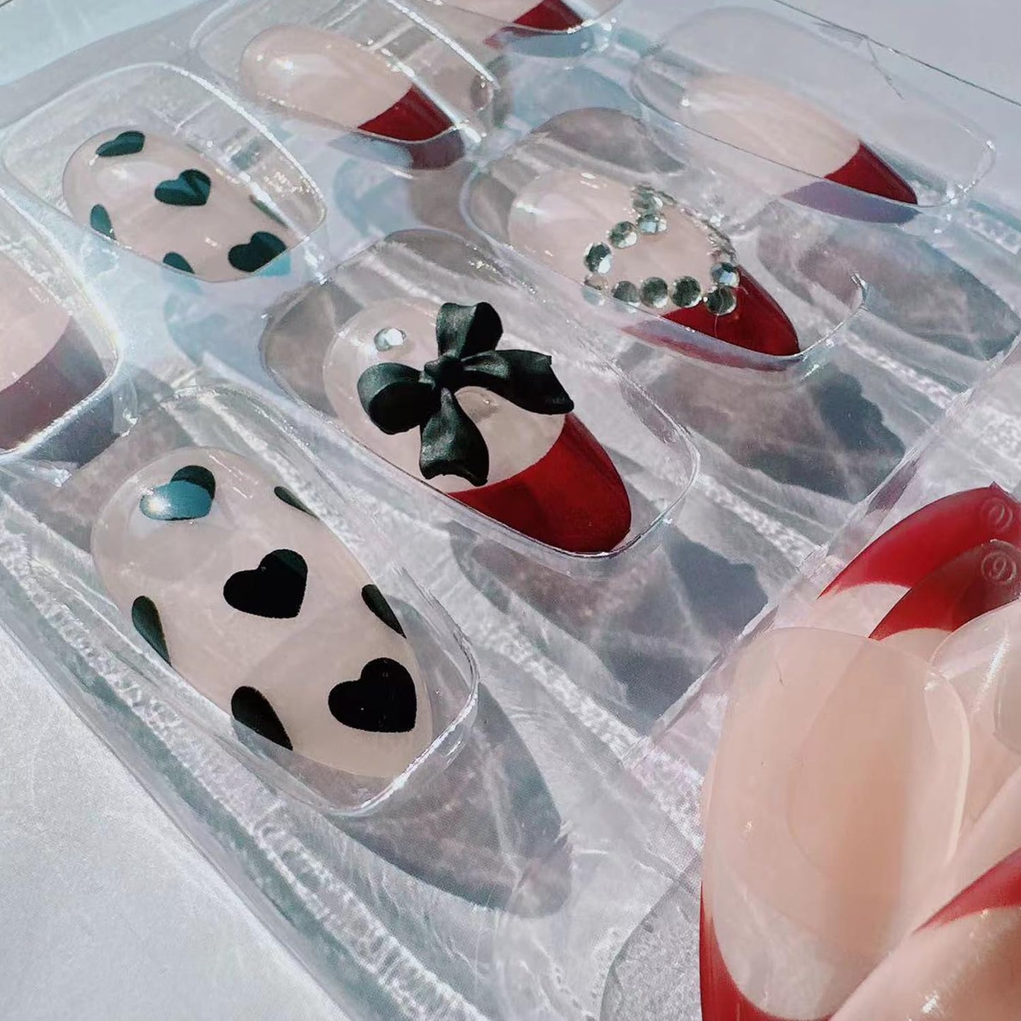 Wine Red French Press on Nails Medium Length Rhinestone Fake Nails Heart Bow Bling Glossy Artificial Nails Acrylic Glue on Nails Natural Stick on Nails for Women 24Pcs Medium French Nails