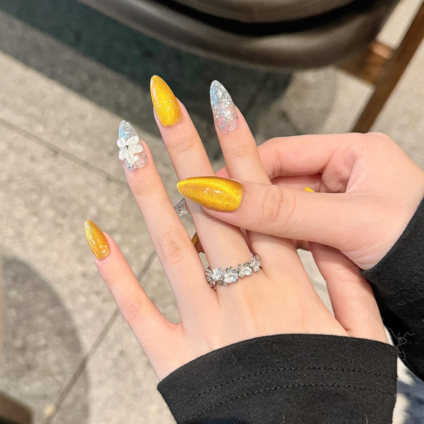 Yacey 3D Floral Handmade Press on Nails, Medium Almond Reusable False Nails Press Ons, Yellow Cat Eyes Thick Acrylic Fake Nails, Luxury Bling Glossy Glue on Nails for Women Girls (10 Pcs, M)