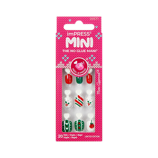 KISS imPRESS MINI Holiday Press On Nails for Kids, ‘One More Sleep’, Green, Child Size, Squoval Shaped, Mess-Free, Mom Approved, Non-Toxic, Breakaway Application Tabs, Nail File, 20 Fake Nails