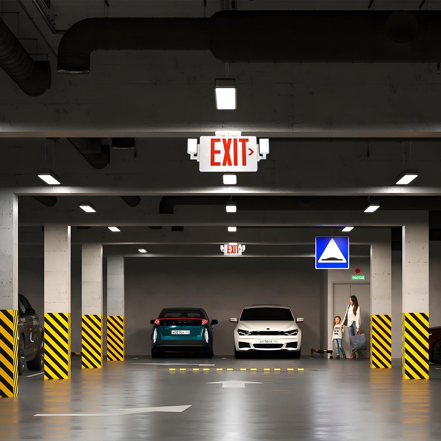 Gruenlich LED Combo Exit Sign, Emergency Light with 2 Adjustable Heads and Double Face, Back Up Batteries- US Standard Red Letter EXIT, UL 924 Qualified, 120-277 Voltage, 4-Pack