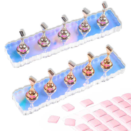 ANGNYA 2 Set Nail Stand, Aurora Nail Holder for Painting Nail Stand for Press on with 96 Pcs Removable Mounting Tapes Nail Display Stand Nail Hand Practice Magnetic Nail Art Tools for Homes and Salons