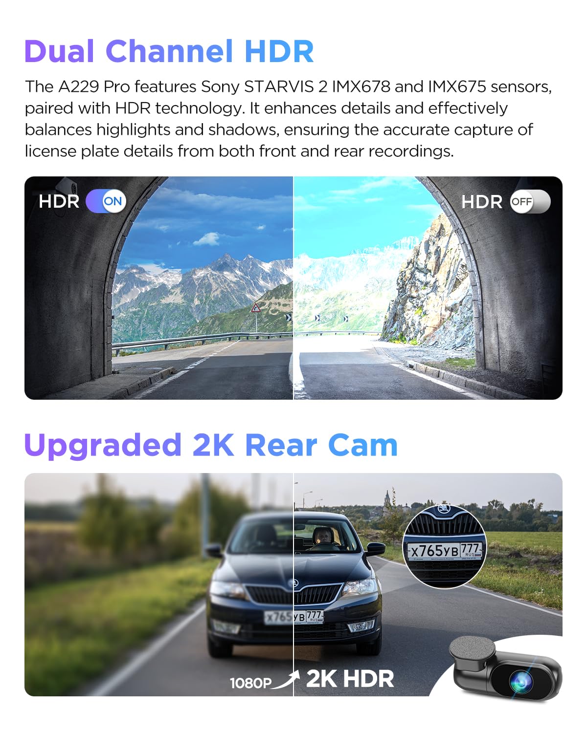 VIOFO A229 Pro 4K HDR Dash Cam, Dual STARVIS 2 IMX678 IMX675, 4K+2K Front and Rear Car Camera, 2 Channel with HDR, Voice Control, 5GHz WiFi GPS, Night Vision 2.0, 24H Parking Mode