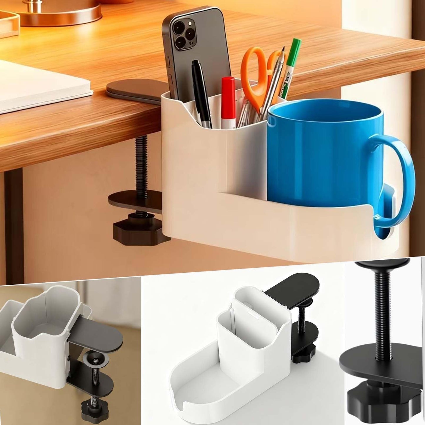 Desk Cup Holder Clamp,Clip on Cup Holders for Desks with Charging Hole and Spill-Proof Cup Design - Desks Side Drinking Cup Holders Clip for Home,Office&Gaming Desk Accessories