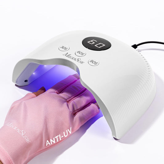 MelodySusie Compact LED UV Nail Lamp with UV Gloves, P-PLUS30A Nail Dryer with Smart Sensor Cures All Gels, Especially Rhinestone Glue, Liner & Cat Eye Gel Polishes for Advanced DIY at Home, White
