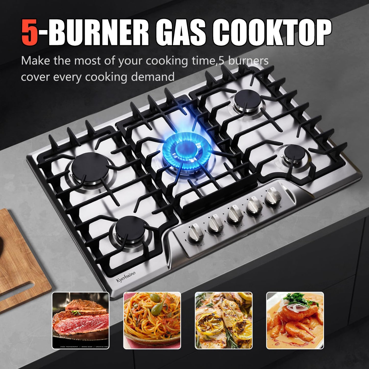 Kyerbaino Gas Cooktop 30 Inch, Built-in 5 Burners Gas Stovetop Stainless Steel LPG/NG Convertible Gas Stove Dual Fuel Sealed Gas Cooktop