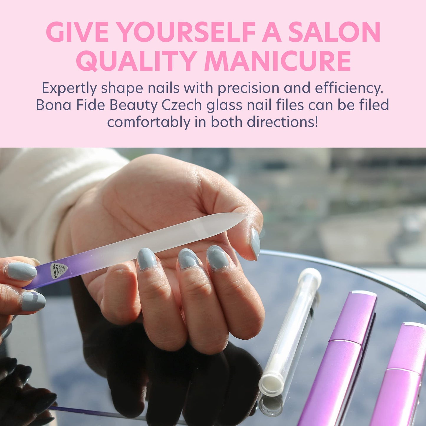 Bona Fide Beauty Glass Nail Files Kit in Purple- 3Pc Set Includes Glass Cuticle Pusher, Mini Travel Nail File, and Medium Glass File for Natural Nails