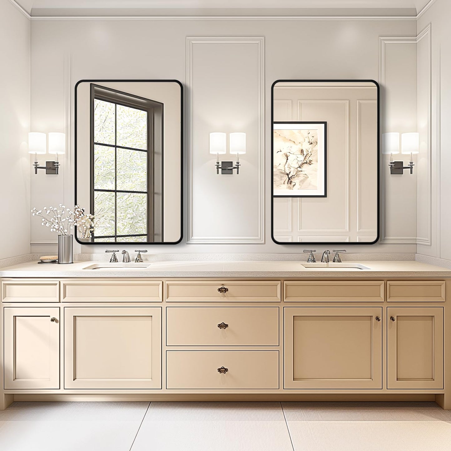 USHOWER 2-Pack Black Bathroom Mirrors for Over Sink 24 x 36 Inch, Metal Frame Rectangle Wall Mirror, Modern Farmhouse Vanity Mirror, Wall Mounted