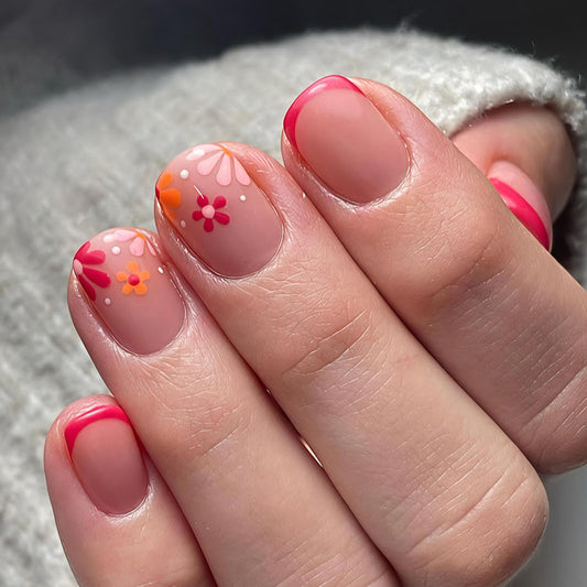 Floral Press on Nails Short Square Design Soft Nude Base with Pink Orange Flower Patterns Hot Pink French Tips Glossy Finish Reusable Stick on Nails Suitable for Casual Looks Artificial Nails 24 Pcs