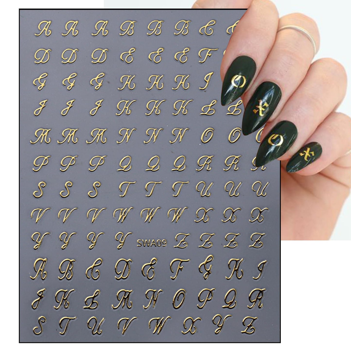 8 Sheets Old English Nail Sticker 3D Self-Adhesive Pegatinas Uñas Holographic Old English Letter Nail Decals White Black Gold Silver Nail Art Design Alphabet Nail Supplies Decorations for Women